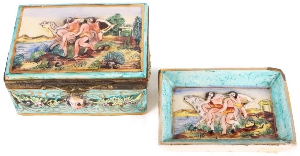 VINTAGE CAPODIMONTE ARDALT ITALIAN TRINKET BOX: Vintage Capodimonte Ardalt Italian Trinket box to depict cavemen riding an animal amidst the shoreline.Size: 5.00" X 3.75"Condition: Very fine.