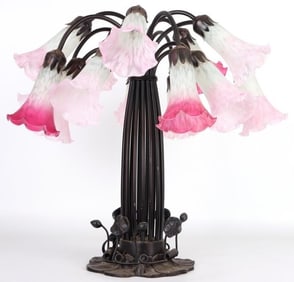VINTAGE TIFFANY STYLE TULIP 15 PINK LILY LAMP