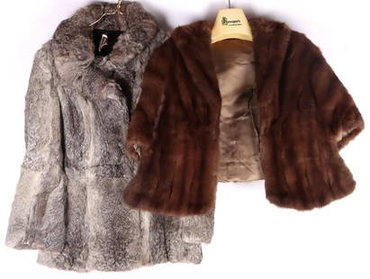 GENUINE MINK & DINO RICCO RABBIT FUR COAT & SHAWL: Lot includes one genuine brown mink fur ladies shawl and one genuine Dino Ricco rabbit fur coat.Size: S-MCondition: Rabbit fur coat needs some mending.