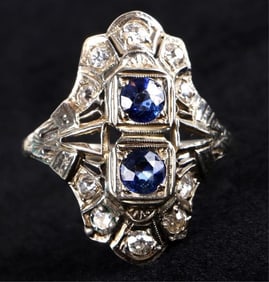 ART DECO 18K WHITE GOLD DIAMOND LONDON TOPAZ RING