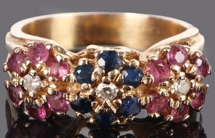 RUBY, SAPPHIRE & DIAMOND 14K YELLOW GOLD RING