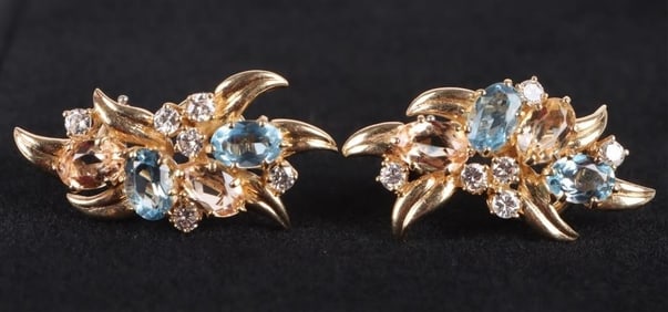 14K YELLOW GOLD DIAMOND TOPAZ AQUA LADIES EARRINGS