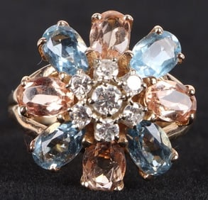 14K YELLOW GOLD DIAMOND TOPAZ AQUA LADIES RING
