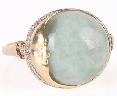 14K GOLD LIGHT GREEN JADE MOON LADIES RING: 14K yellow gold light green jade moon ladies ring.Stone Type: JadeWeight: 5.5 GramsSize: US 10.25Condition: Very fine.