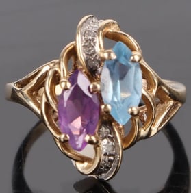 AMETHYST, TOPAZ & DIAMOND 10K YELLOW GOLD RING
