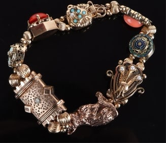 ANTIQUE 14K YELLOW GOLD CHARM SLIDE BRACELET