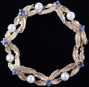 VINTAGE 14K YELLOW GOLD PEARL SAPPHIRE BROOCH
