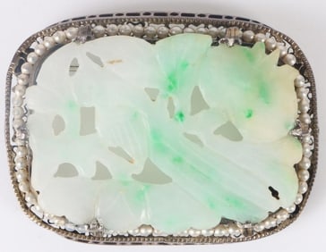 2ANTIQUE CHINESE WHITE JADE STERLING SILVER BROOCH