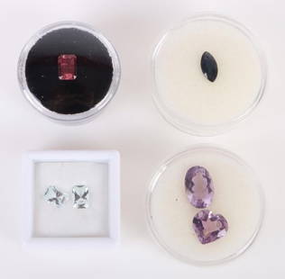 LOOSE NATURAL GEMSTONES COLLECTION - (6): Loose Natural Gemstones Collection to include: (1) 1.92 ct. Tourmaline Cushion Cut, (1) 1.56 ct. Marquis Cut Sapphire, (1) 3.25 ct. Heart Cut Amethyst, (1) 5.0 ct. Oval Cut Amethyst, & (2) 1.44 ctw. C