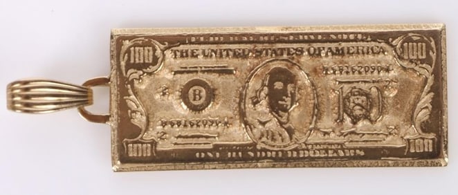 14K YELLOW GOLD $100 BILL PENDANT 10.50 GRAMS