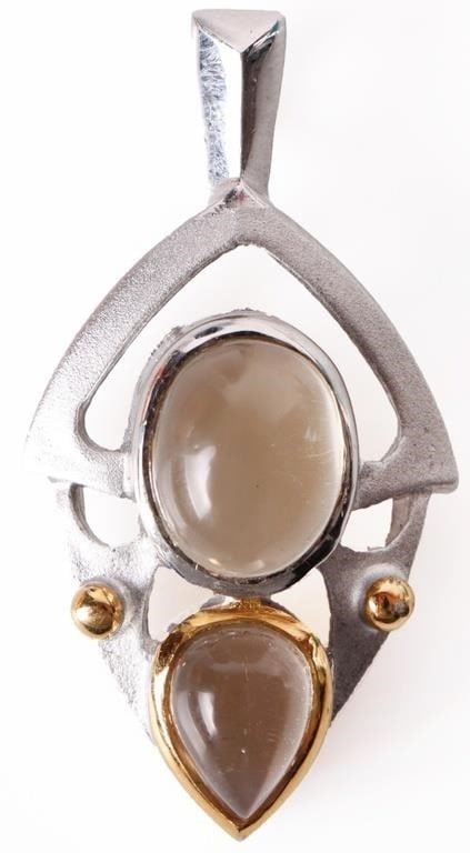HYPER-MODERN CITRINE STERLING SILVER PENDANT: Hyper-modern cabochon citrine sterling silver ladies pendant with one 10x8mm citrine and one 8x6mm citrine. Stone Type: Citrine Weight: 6.30 Grams Size: 1.5" length Condition: Very fine.