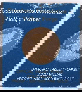 1977 FREEDOMS FOUNDATION 50% GOLD MEDAL PROOF: 1977 Freedoms Foundation at Valley Forge 50% gold bicentennial medal proof uncirculated Franklin Mint.Weight: 2.87 GramsCondition: Proof uncirculated.