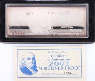 2001 FINE SILVER 4 OZT PROOF $100 BULLION W/ COA