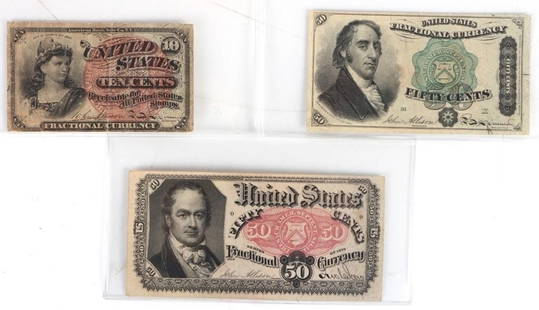 ASSORTED 1860-80'S FRACTIONAL U.S. CURRENCY - (3): Assorted 1860-80'S Fractional Currency to include one 1864 series Sam Dexter 50Â? banknote, one 1863 series 10Â? banknote, and one 1875 series William H. Crawford 50Â? federal banknote.Condition: A