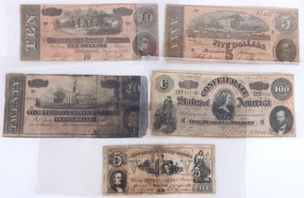ASSORTED CONFEDERATE BANKNOTES 1861-1864 - (5)