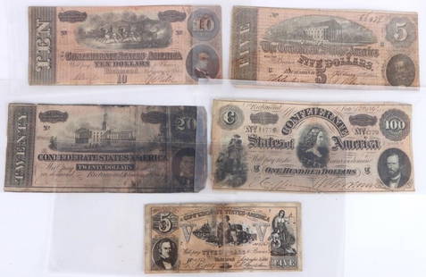 ASSORTED CONFEDERATE BANKNOTES 1861-1864 - (5): Assorted Confederate States of America banknotes 1861-1864 to include one 1864 $100, $20, $10, and $5 Richmond, VA banknote, and one 1861 Richmond, VA $5 banknote.Condition: Circulated.