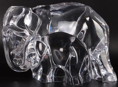SIGNED BACCARAT GLASS ELEPHANT & CALF SCULPTURE
