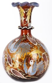 VINTAGE ROYO ENAMELED GLASS BIRD AMBER VASE