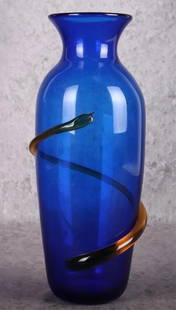 VINTAGE BLENKO HAND BLOWN ART GLASS COBALT VASE: Vintage signed Richard Blenko ( American) hand-blown art glass cobalt blue vase with amber swirl. Made in the year 2000. Richard Blenko began work at Blenko Glass as a very young man, he and his older