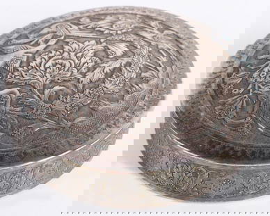 ANTIQUE INDIAN .800 SILVER TRINKET JEWELRY BOX: Antique Indian .800 silver trinket repousse jewelry box with intricate ornate details. Has antique marking son the bottom.Weight: 194.6 GramsSize: 3.75" LengthCondition: Very fine.