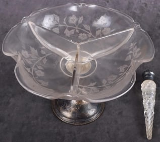 ANTIQUE WEIGHTED STERLING SILVER & GLASS TABLEWARE