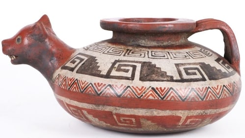 PRE-COLUMBIAN CERAMIC FOX STIRRUP SPOUT BOTTLE