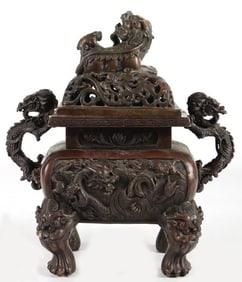 ANTIQUE CHINESE BRONZE IMPERIAL DRAGON CENSER