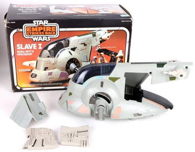1980 STAR WARS ESB BOBA FETT SLAVE I SET W/ BOX: 1980 Star Wars Empire Strikes Back Boba Fett's spaceship. Set is missing pieces and is incomplete, comes with original box.Size: 15 X 9.5 X 7.0"Condition: See images.