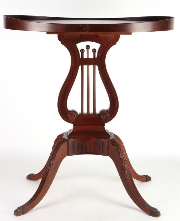 MERSMAN MAHOGANY DUNCAN PHYFE SIDE TABLE: Mersman mahogany Duncan phyfe side table harp lyre base claw feet. This side table is perfect for any small space. The woodwork is beautifully done.Size: 24.5" x 18" x 27"Condition: Slight wear on the