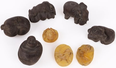 CARVED JADE & WOOD ANIMAL ORNAMENTS