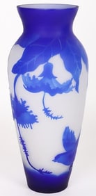 E. GALLE COBALT & WHITE 11.5' SIGNED HIBISCUS VASE