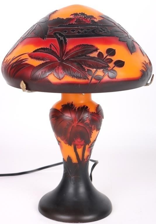 GALLE STYLE NOVEAU CAMEO RED ORANGE PALM LAMP (1 of 4)