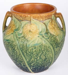 VINTAGE ROSEVILLE POTTERY 1930 SUNFLOWER VASE: Vintage 1930 Roseville pottery sunflower vase. This Roseville Pottery vase with handles is a beautiful antique piece from the early 20th century. The vase features a satin matte finish and is decorate