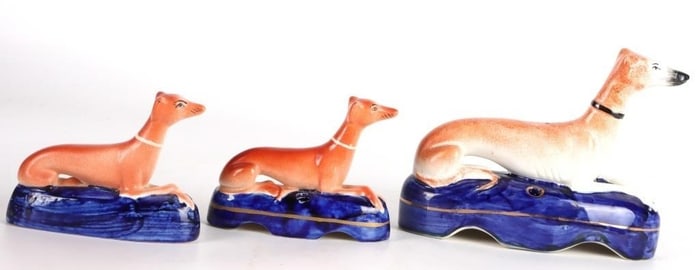 VICTORIAN STAFFORDSHIRE WHIPPET DOG FIGURINES (3)