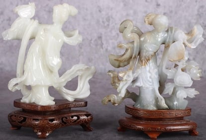 20TH CENTURY WHITE JADEITE WOMEN CARVINGS (2)