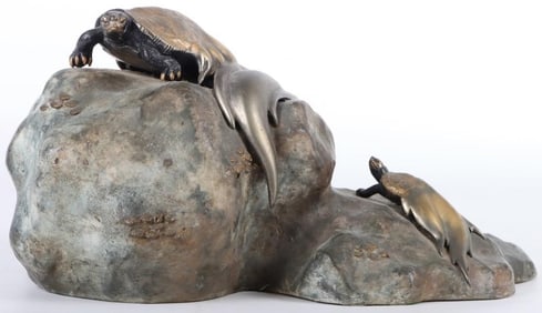 MEIJI PERIOD BRONZE OKIMONO TWO MINOG STATUE