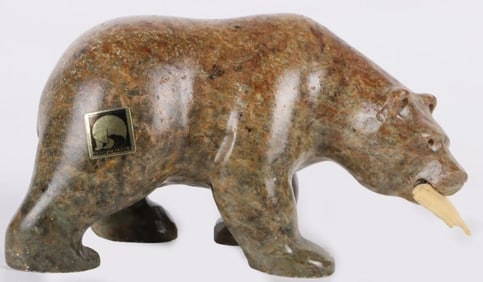 ALASKAN SOAPSTONE CARVING BEAR WITH FISH WALKING