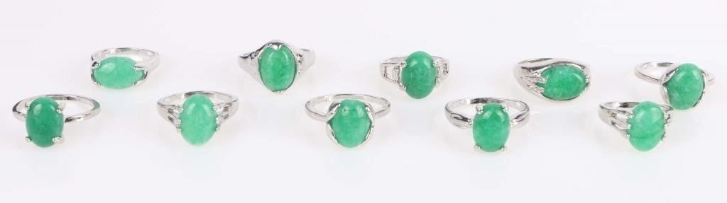 GREEN JADE LADIES SILVER-TONE RINGS - LOT OF 10 (1 of 3)