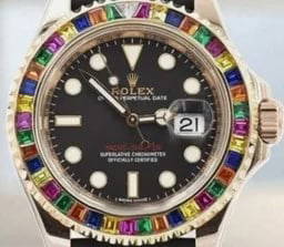 ROLEX YACHT-MASTER RAINBOW SAPPHIRES MODEL 116695: 2017 Rolex Yacht-Master Rainbow Sapphires Everose Gold Automatic Men's Watch 116695SATS barcode 81192203XXXX with 11mm case thickness, Case is 18k rose gold with a diamond dial with hand sticks and do