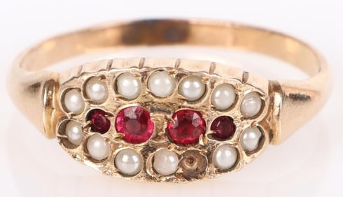 ANTIQUE PEARL & RED GLASS 14K YELLOW GOLD RING