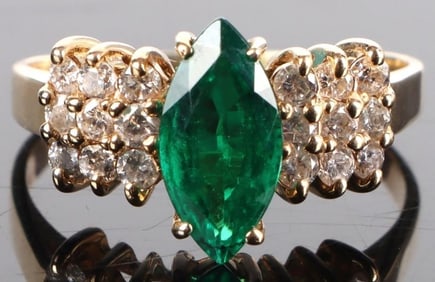 14K YELLOW GOLD MARQUISE EMERALD DIAMOND RING