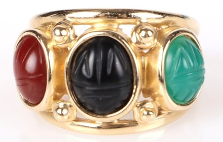 14K YELLOW GOLD ONYX NEPHRITE CARVED LADIES RING
