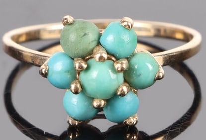 BLUE TURQUOISE 14K YELLOW GOLD FLORAL LADIES RING