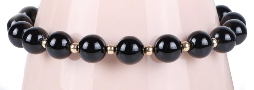 14K YELLOW GOLD BLACK ONYX BEADED LADIES BRACELET (1 of 4)