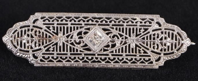 ART DECO ANTIQUE 10K WHITE GOLD DIAMOND BROOCH