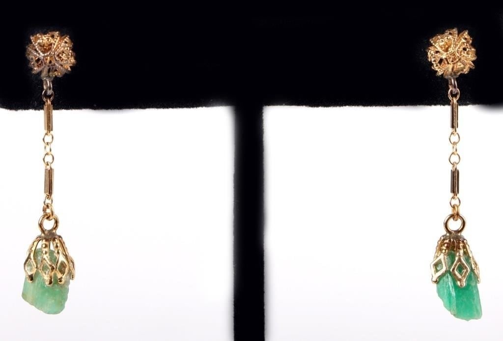 NATUAL EMERALD 14K YELLOW GOLD FILIGREE EARRINGS (1 of 3)