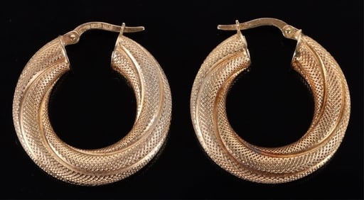 14K YELLOW GOLD FILIGREE LADIES HOOP EARRINGS