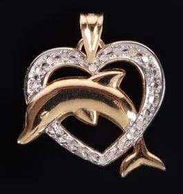 14K YELLOW & WHITE GOLD DOLPHIN HEART PENDANT