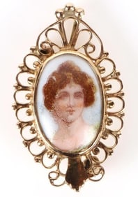 HAND-PAINTED PORCEALIN 14K YELLOW GOLD BROOCH