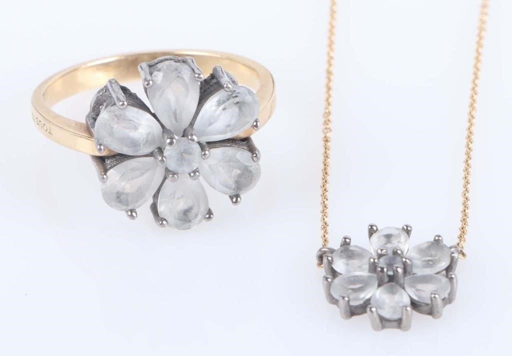 TOUS 18K YELLOW GOLD CLUSTER TOPAZ JEWELRY SET: Tous 18K yellow gold & titanium cluster topaz jewelry set to include a ring with six 0.30ct pear cut topaz and one 0.07ct round cut topaz. Additionally includes a matching necklace with six 0.10ct pea